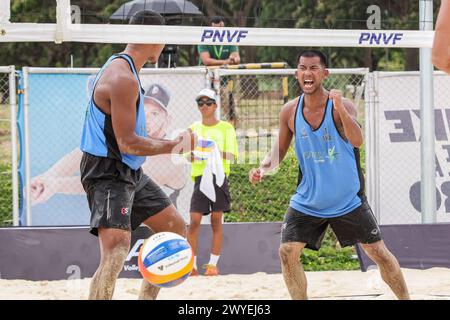 Laguna Province, Philippines. 6th Apr, 2024. Dunwinit Kaewsai(L)/Suring Jongklang of Thailand celebrate scoring during the men's round of 16 match against Liu Chuanyong/Li Zhuoxin of China at the Asian Volleyball Confederation (AVC) Beach Tour Nuvali Open in Laguna Province, the Philippines, April 6, 2024. Credit: Rouelle Umali/Xinhua/Alamy Live News Stock Photo