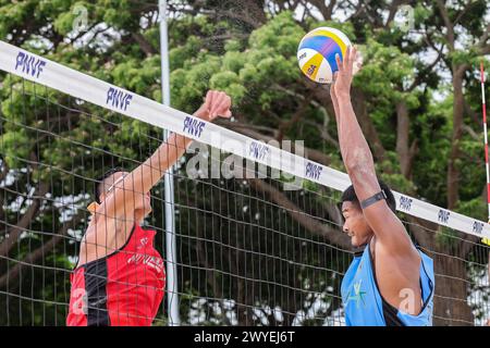 Laguna Province, Philippines. 6th Apr, 2024. Li Zhuoxin (L) of China competes against Dunwinit Kaewsai of Thailand during the men's round of 16 match between Liu Chuanyong/Li Zhuoxin of China and Dunwinit Kaewsai/ Suring Jongklang of Thailand at the Asian Volleyball Confederation (AVC) Beach Tour Nuvali Open in Laguna Province, the Philippines, April 6, 2024. Credit: Rouelle Umali/Xinhua/Alamy Live News Stock Photo