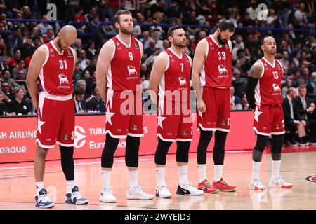 Milan, Italy. 05th Apr, 2024. Italy, Milan, apr 05 2024: team of Armani Milan in center court for match presentation during basketball game EA7 Emporio Armani Milan vs Virtus Segafredo Bologna, EuroLeague 2023-24 round 33EA7 Emporio Armani Milan vs Virtus Segafredo Bologna, EuroLeague 2023/2024 Round 33 at Mediolanum Forum (Photo by Fabrizio Andrea Bertani/Pacific Press) Credit: Pacific Press Media Production Corp./Alamy Live News Stock Photo