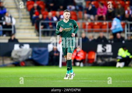 AESSEAL New York Stadium, Rotherham, England - 5th April 2024 Lewis Gibson (17) of Plymouth Argyle - during the game Rotherham United v Plymouth Argyle, Sky Bet Championship,  2023/24, AESSEAL New York Stadium, Rotherham, England - 5th April 2024 Credit: Arthur Haigh/WhiteRosePhotos/Alamy Live News Stock Photo