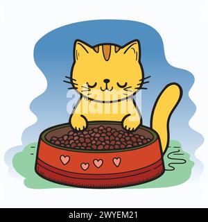 A cute red tabby kitten with a playful expression on his face eats food from a bowl. The kitten sits on a blue background, he is a happy and healthy p Stock Vector
