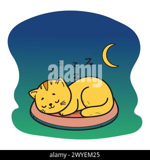 Cute cartoon cat sleeps on a pillow under the yellow moon. Vector illustration. Stock Vector