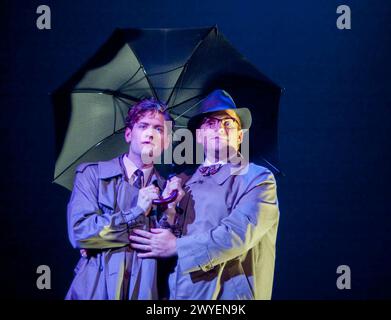 l-r: Kyle Soller (Tom Ripley), Ben Bishop (Marc Primenger) in THE TALENTED MR. RIPLEY by Phyllis Nagy at the Theatre Royal, Royal & Derngate, Northampton,England  21/09/2010  from the novel by Patricia Highsmith  design: Hannah Clark  lighting: Anna Watson  director: Raz Shaw Stock Photo