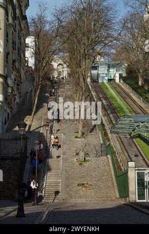 Steep Vertical Staircase, Steps, Of The Rue Foyatier Leading Up The Butte Of Montmartre Alongside The Furnicular Railway,Paris,France Stock Photo