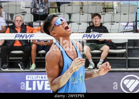 Laguna Province, Philippines. 6th Apr, 2024. Andre Joseph Pareja of the Philippines reacts during the men's round of 16 match between Andre Joseph Pareja/Alnakran Abdilla of the Philippines and Abdolhassan Khakizadeh/Abolhamed Mirzaali of Iran at the Asian Volleyball Confederation (AVC) Beach Tour Nuvali Open in Laguna Province, the Philippines, April 6, 2024. Credit: Rouelle Umali/Xinhua/Alamy Live News Stock Photo