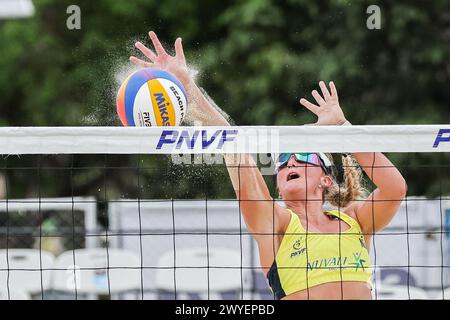 Laguna Province, Philippines. 6th Apr, 2024. Olivia MacDonald competes during the women's round of 16 match between Olivia MacDonald/Danielle Quigley of New Zealand and Tsujimura Riko/Nishibori Takemi of Japan at the Asian Volleyball Confederation (AVC) Beach Tour Nuvali Open in Laguna Province, the Philippines, April 6, 2024. Credit: Rouelle Umali/Xinhua/Alamy Live News Stock Photo