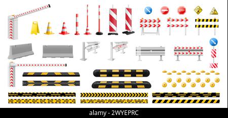 Set of traffic light, boom barrier gate, road barrier fence, speed bump ,road cone, Striped yellow and black barriers for blocking road. Speed bump el Stock Vector