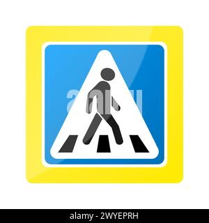 Pedestrian crossing sign on blue background. Concept of traffic regulations. road safety in the city, Pedestrian on zebra crossing icon. Realistic 3d Stock Vector