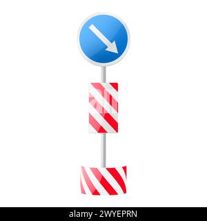 Striped road sign with arrow. Barriers for blocking road. Road sign one way, White color arrow pointing direction right and down, realistic 3d vector Stock Vector