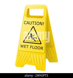 Wet floor caution sign isolated on white background. Double-sided folding yellow display stand with editable design. Slippery surface. Falling human p Stock Vector