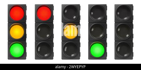 Set of Traffic Lights. Realistic electric lights with all three colors on and single color on. Street regulation system signals, road safety in the ci Stock Vector