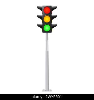 Traffic lights with all three colors on. Realistic 3d vector illustration isolated on white background. Road sign. Street regulation system signals, r Stock Vector