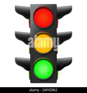 Traffic lights with all three colors on. Realistic 3d vector illustration isolated on white background. Road sign. Street regulation system signals, r Stock Vector