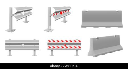 Set of iron concrete road barriers for blocking road with a markup, isolated on white background. Realistic 3D isometric style, vector illustration. Stock Vector