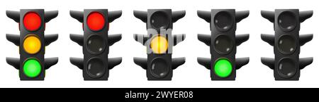 Set of Traffic Lights. Realistic electric lights with all three colors on and single color on. Street regulation system signals, road safety in the ci Stock Vector