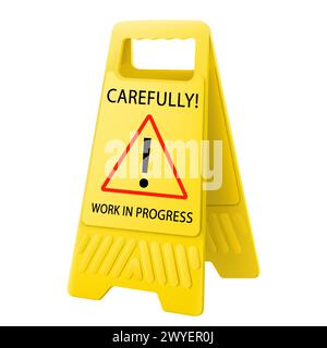 Carefully, work in progress. Exclamation mark icon on plastic yellow board, isolated on white background. Public warning symbol. Realistic 3d vector i Stock Vector