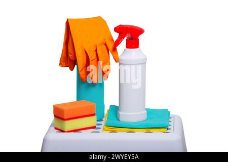 Accessories for cleaning from stains of poisonous bacteria mold closeup isolated on white background with copy space for text. Rubber protective glove Stock Photo