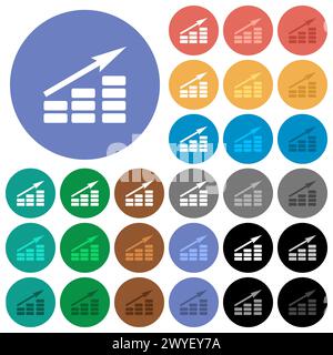 Growing bar graph solid multi colored flat icons on round backgrounds. Included white, light and dark icon variations for hover and active status effe Stock Vector