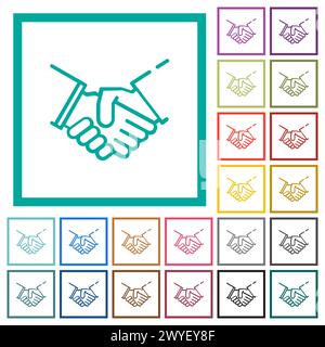 Handshake outline flat color icons with quadrant frames on white background Stock Vector