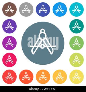 Protractor outline flat white icons on round color backgrounds. 17 background color variations are included. Stock Vector
