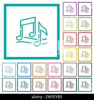 Music notes outline flat color icons in square frames on white ...