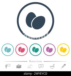 Two eggs solid flat color icons in round outlines. 6 bonus icons included. Stock Vector