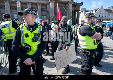 Transgender rights counter protestors disrupt the Let Women Speak rally following the Hate Crime and Public Order (Scotland) Act coming into force, outside The Royal Scottish Academy in Edinburgh. Picture date: Saturday April 6, 2024. Stock Photo