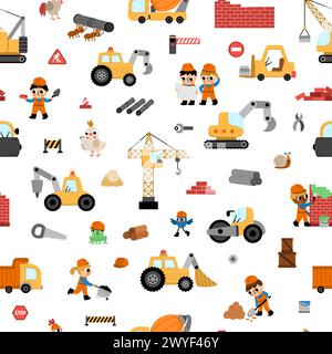 Big vector construction site, road work seamless pattern. Building repeat background with kid builders, transport, bulldozer, tractor, truck, crawler Stock Vector