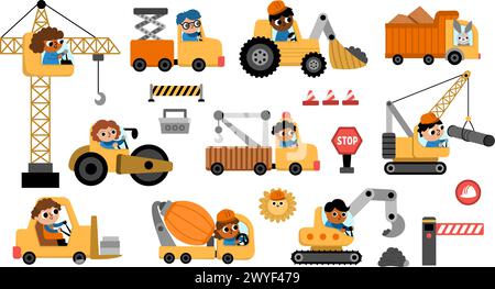 Vector special transport set with drivers. Construction site, road work, building transport icons with bulldozer, tractor, truck, crawler crane. Cute Stock Vector