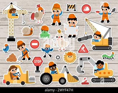 Big vector construction site and road work stickers set. Building patches collection with funny kid builders, transport, bulldozer, tractor, truck, cr Stock Vector