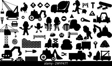 Big vector construction site and road work silhouettes set. Building shadow icons collection with funny kid builders, transport, bulldozer, tractor, c Stock Vector