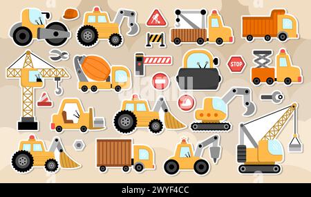 Big vector special transport stickers set. Construction site, road work, building transport icons with bulldozer, tractor, truck, crawler crane, digge Stock Vector