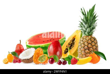 Assortment of fruits and berries isolated on white background with clipping path. Stock Photo