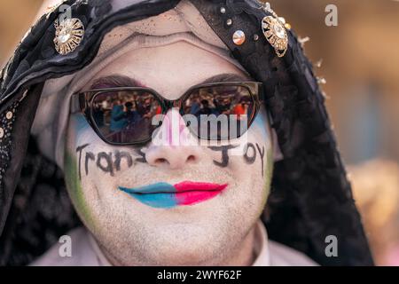 Transgender rights counter protestors disrupt the Let Women Speak rally following the Hate Crime and Public Order (Scotland) Act coming into force, outside The Royal Scottish Academy in Edinburgh. Picture date: Saturday April 6, 2024. Stock Photo
