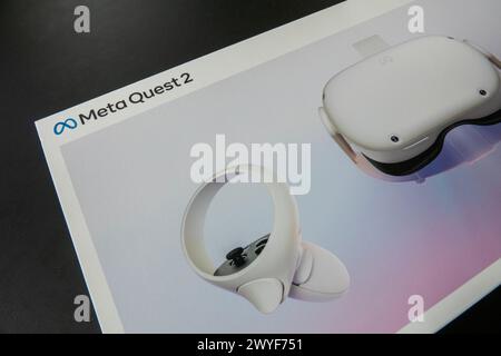 Box with Meta Quest 2 VR virtual reality headset. Copenhagen, Denmark - April 6, 2024. Stock Photo
