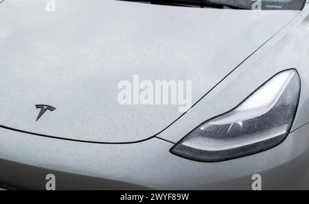 Kyiv, Ukraine. April 6, 2024. Tesla emblem in a close up view. Brand logo on a car hood exterior and headlight with water drops. Stock Photo