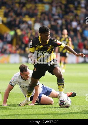 Watford’s Yaser Asprilla in action during the Sky Bet Championship match at Vicarage Road, Watford. Picture date: Saturday April 6, 2024. Stock Photo