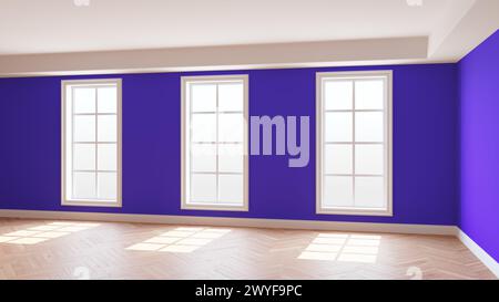 Violet Room with Three Large Windows, Light Glossy Herringbone Parquet Floor and a white Plinth. Beautiful Concept of the Empty Interior. 3D Rendering Stock Photo