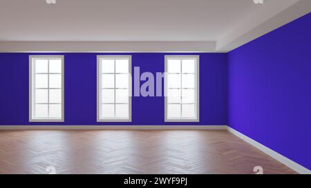 Interior with Violet Walls, White Ceiling and Cornice, Three Large Windows, Herringbone Parquet Flooring and a White Plinth. Beautiful Concept of the Stock Photo