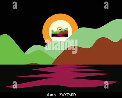 Landscape with river and mountains in flat style. Vector illustration. Stock Vector