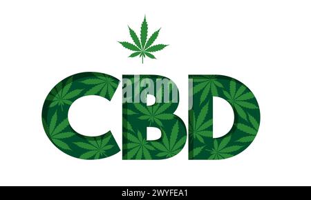 CBD abbreviation of Cannabidiol, letters created from cannabis leaves. Medical use component constituent of cannabis plant. Good for label design, bro Stock Vector