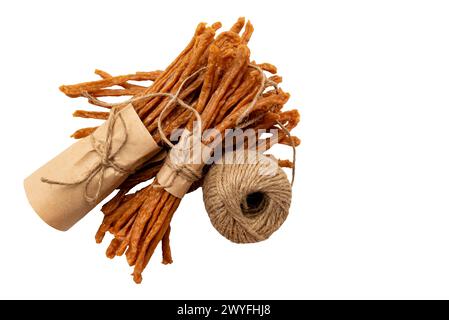 Dry sausages tied in a bundle with jute rope on a white background. Beer snack. Dry sausage isolate Stock Photo