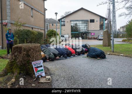 Aberdeen, Scotland, UK. 6th Apr, 2024. Pro-Palestinian protesters hold a rally outside BBC Scotland in Aberdeen to protest the ongoing war in Gaza, the deliberate killing of journalists, the BBC's bias reporting, and Israel's inclusion in forthcoming Eurovision Song Contest. Credit: R.Gass/Alamy Live News Stock Photo