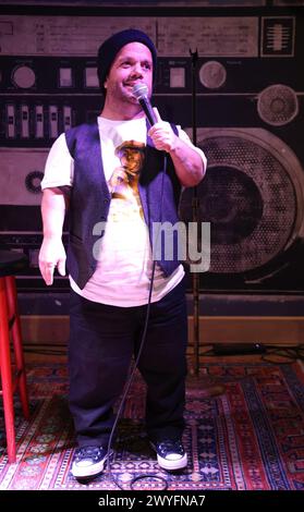 West Hollywood, California, USA. 1st April. 2024. Comedian Pancho Moler at Lamborghini Presents Cheeky Peakey's Red Carpet Comedy at Hotel Ziggy in West Hollywood, California. Credit: Sheri Determan Stock Photo