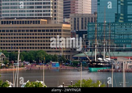 Baltimore, Maryland, U.S.A. - Baltimore Inner Harbor, USS Constellation, the last all-sail warship built by the U.S. Navy. Stock Photo