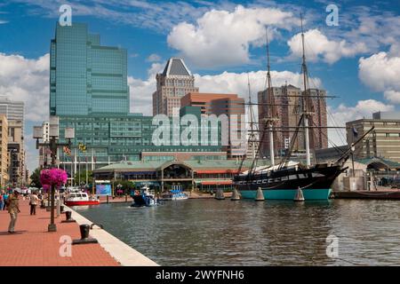 Baltimore, Maryland, U.S.A. - Baltimore Inner Harbor, U.S.S. Constellation on right.  The Constellation is last all-sail warship built by U.S. Navy. Stock Photo