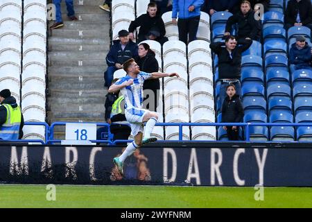 John Smith's Stadium, Huddersfield, England - 6th April 2024 Rhys Healey (44) of Huddersfield Town celebrates after scoring the only goal - during the game Huddersfield v Millwall, Sky Bet Championship,  2023/24, John Smith's Stadium, Huddersfield, England - 6th April 2024 Credit: Arthur Haigh/WhiteRosePhotos/Alamy Live News Stock Photo