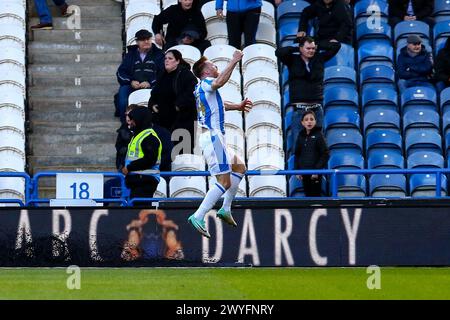 John Smith's Stadium, Huddersfield, England - 6th April 2024 Rhys Healey (44) of Huddersfield Town celebrates after scoring the only goal of the game - during the game Huddersfield v Millwall, Sky Bet Championship,  2023/24, John Smith's Stadium, Huddersfield, England - 6th April 2024 Credit: Arthur Haigh/WhiteRosePhotos/Alamy Live News Stock Photo