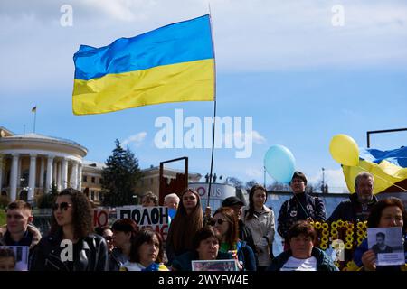 National flag of Ukraine on a public demonstration at Maidan Square in Kyiv - 6 April,2024 Stock Photo