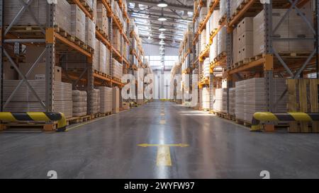 Retail warehouse full of shelves with cardboard boxes and packages. Logistics, storage, and delivery industrial background. 3d illustration Stock Photo